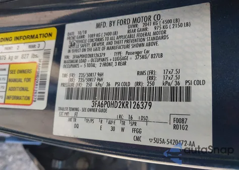 2019 Ford Fusion Se z USA, uszkodzony, nr VIN 3FA6P0HD2KR126379